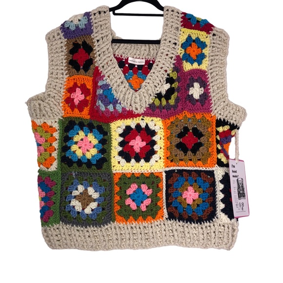 Multicolor Patchwork Oversized Chunky Crochet Pullover Sweater Vest - Picture 14 of 15
